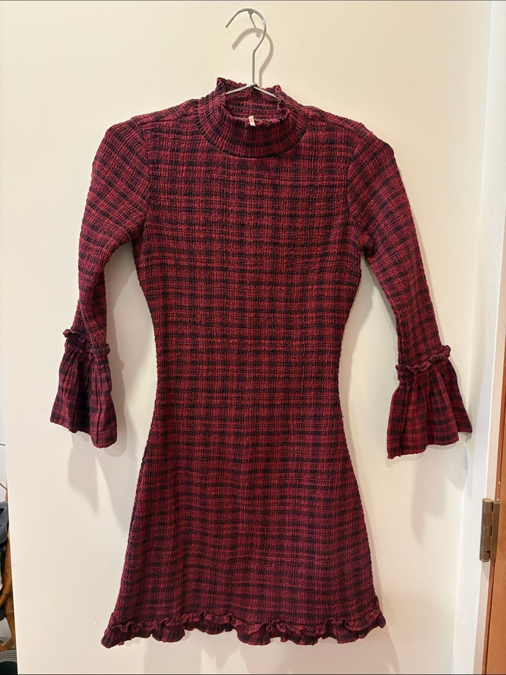 Free People Burgundy Plaid Mock Neck Fit-and-Flare Dress